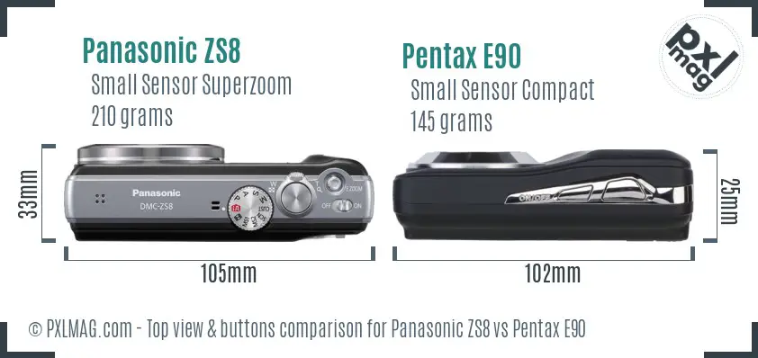 Panasonic ZS8 vs Pentax E90 top view buttons comparison