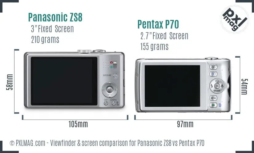 Panasonic ZS8 vs Pentax P70 Screen and Viewfinder comparison