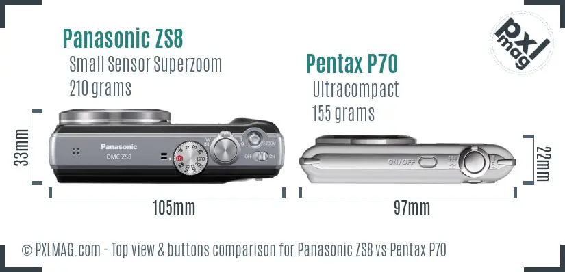 Panasonic ZS8 vs Pentax P70 top view buttons comparison