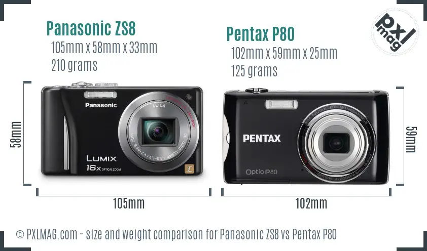 Panasonic ZS8 vs Pentax P80 size comparison