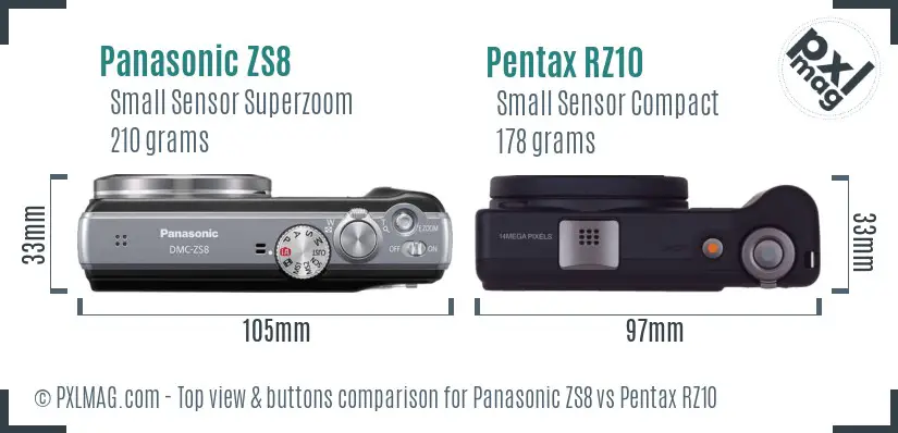 Panasonic ZS8 vs Pentax RZ10 top view buttons comparison