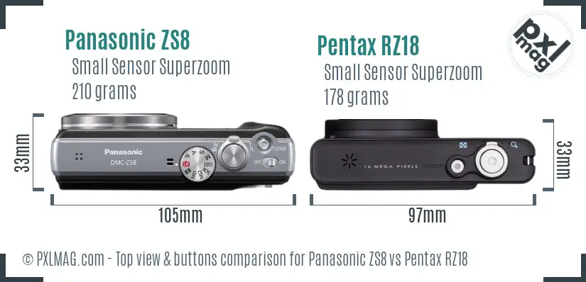 Panasonic ZS8 vs Pentax RZ18 top view buttons comparison