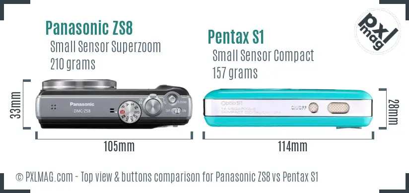 Panasonic ZS8 vs Pentax S1 top view buttons comparison