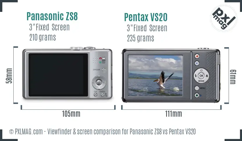 Panasonic ZS8 vs Pentax VS20 Screen and Viewfinder comparison
