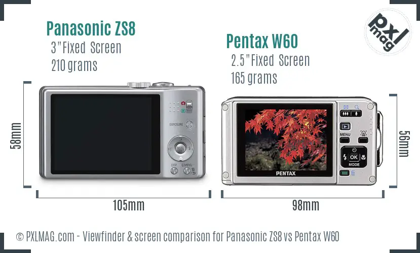 Panasonic ZS8 vs Pentax W60 Screen and Viewfinder comparison