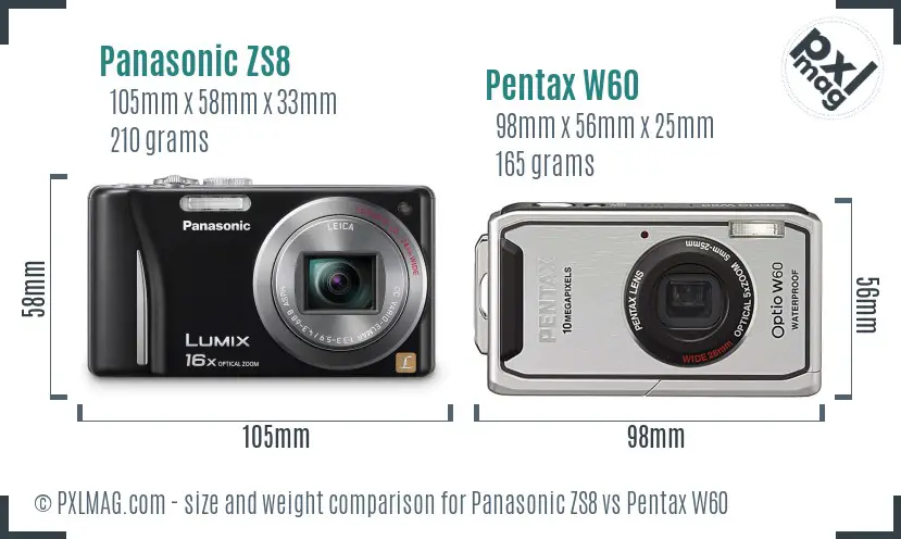 Panasonic ZS8 vs Pentax W60 size comparison