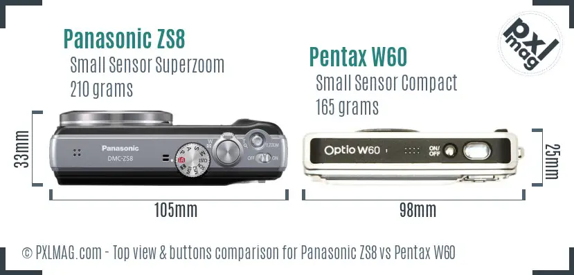 Panasonic ZS8 vs Pentax W60 top view buttons comparison