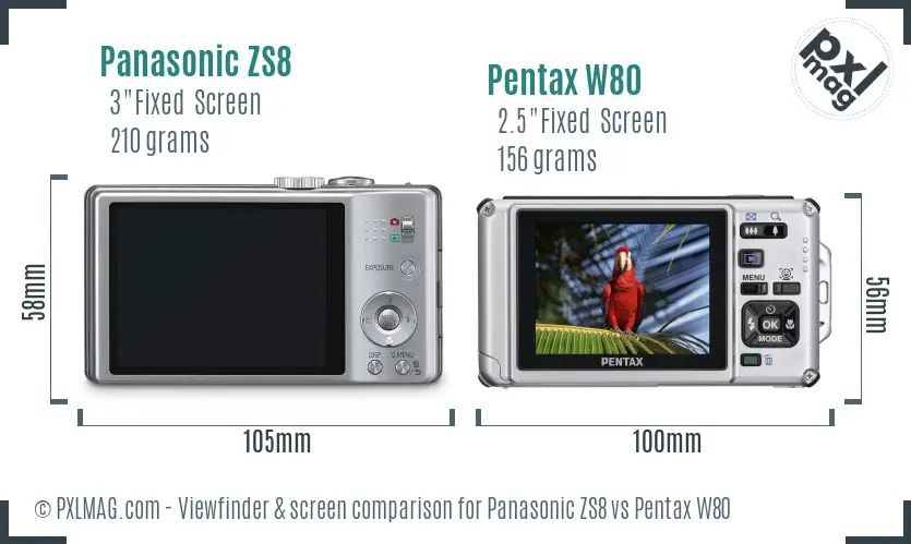 Panasonic ZS8 vs Pentax W80 Screen and Viewfinder comparison