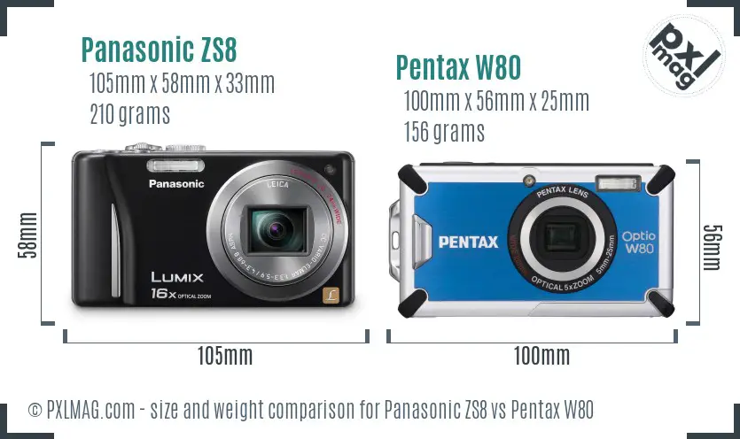 Panasonic ZS8 vs Pentax W80 size comparison