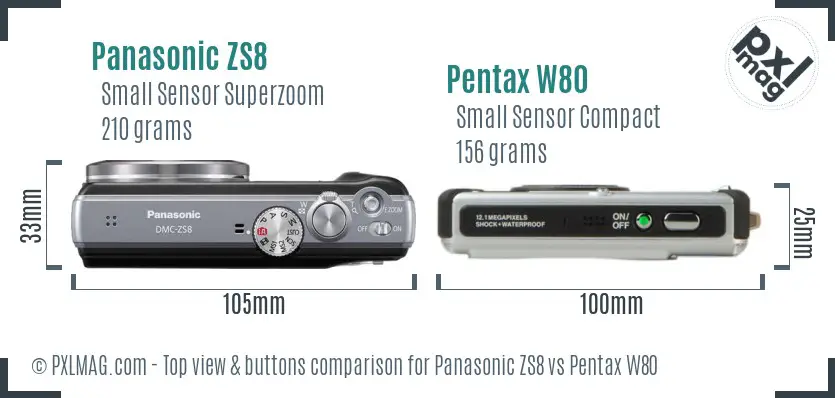 Panasonic ZS8 vs Pentax W80 top view buttons comparison