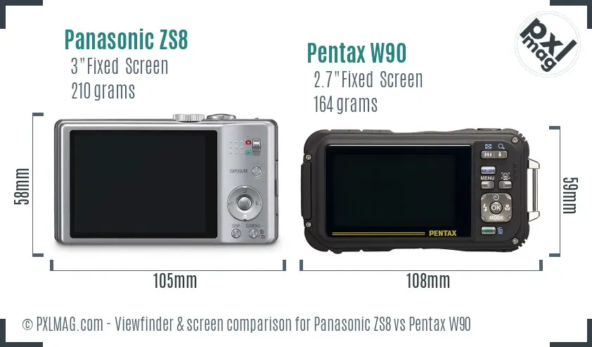 Panasonic ZS8 vs Pentax W90 Screen and Viewfinder comparison