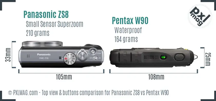 Panasonic ZS8 vs Pentax W90 top view buttons comparison