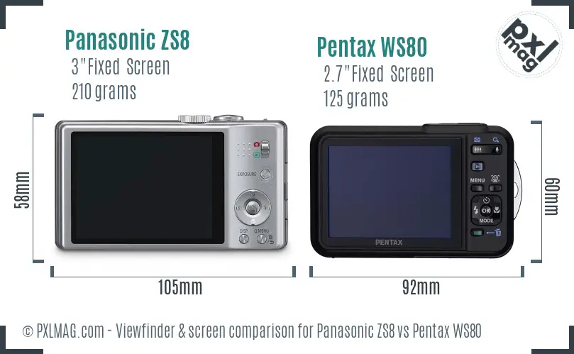 Panasonic ZS8 vs Pentax WS80 Screen and Viewfinder comparison