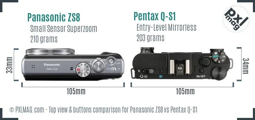 Panasonic ZS8 vs Pentax Q-S1 top view buttons comparison