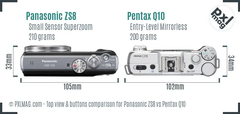 Panasonic ZS8 vs Pentax Q10 top view buttons comparison
