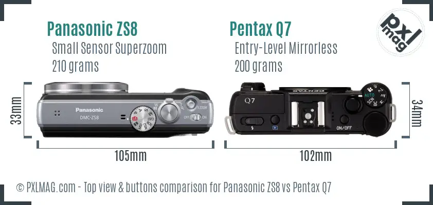 Panasonic ZS8 vs Pentax Q7 top view buttons comparison