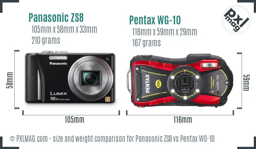 Panasonic ZS8 vs Pentax WG-10 size comparison