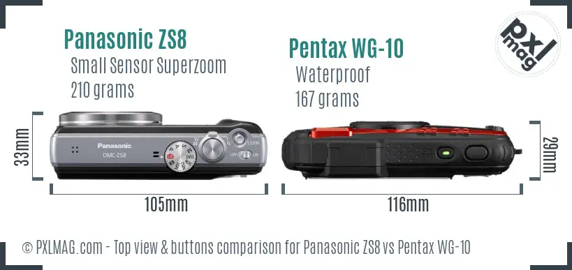 Panasonic ZS8 vs Pentax WG-10 top view buttons comparison