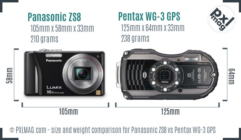 Panasonic ZS8 vs Pentax WG-3 GPS size comparison Panasonic ZS8 vs Pentax WG-3 GPS size comparison
