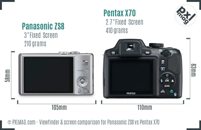 Panasonic ZS8 vs Pentax X70 Screen and Viewfinder comparison