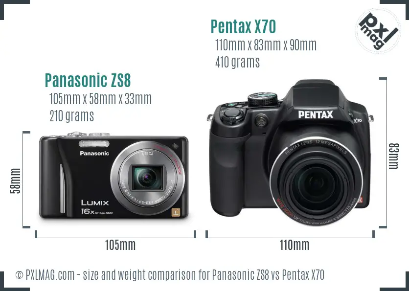 Panasonic ZS8 vs Pentax X70 size comparison