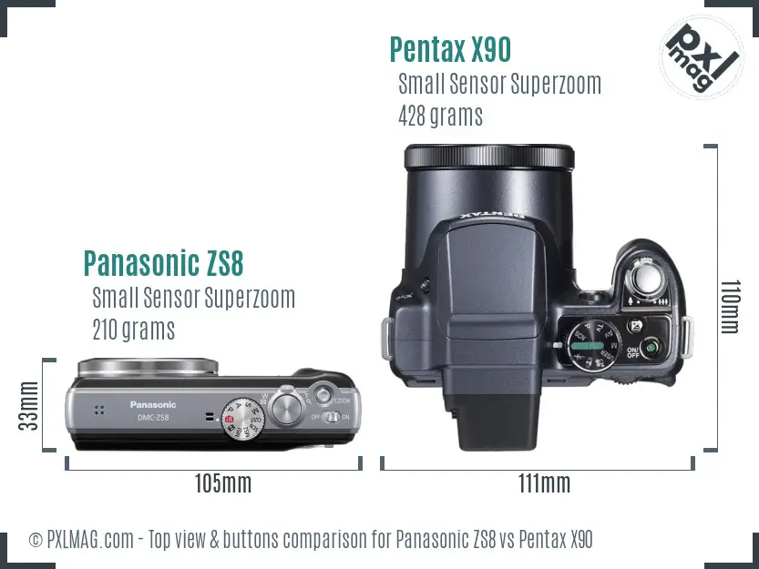 Panasonic ZS8 vs Pentax X90 top view buttons comparison Panasonic ZS8 vs Pentax X90 top view buttons comparison