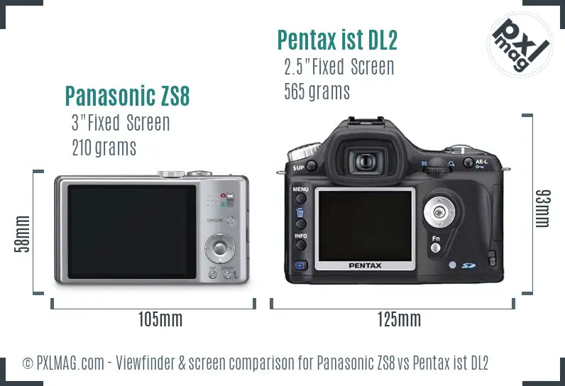 Panasonic ZS8 vs Pentax ist DL2 Screen and Viewfinder comparison