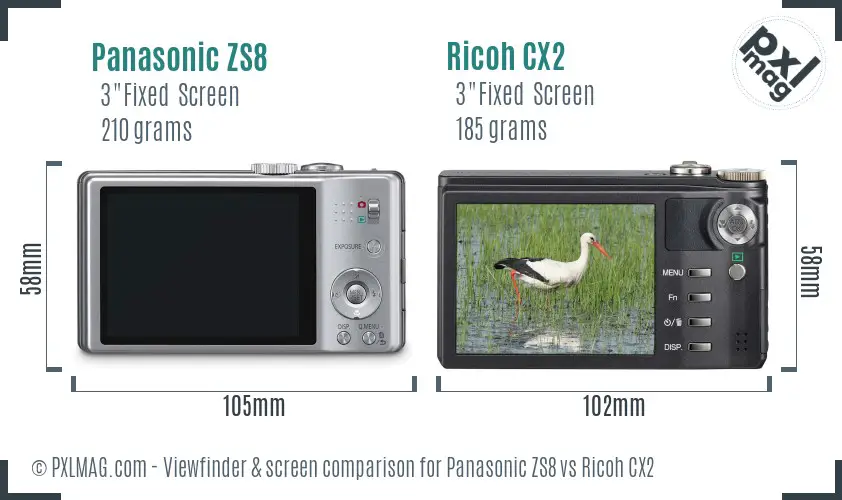 Panasonic ZS8 vs Ricoh CX2 Screen and Viewfinder comparison