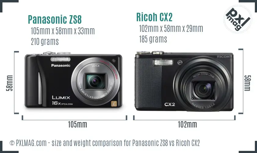 Panasonic ZS8 vs Ricoh CX2 size comparison