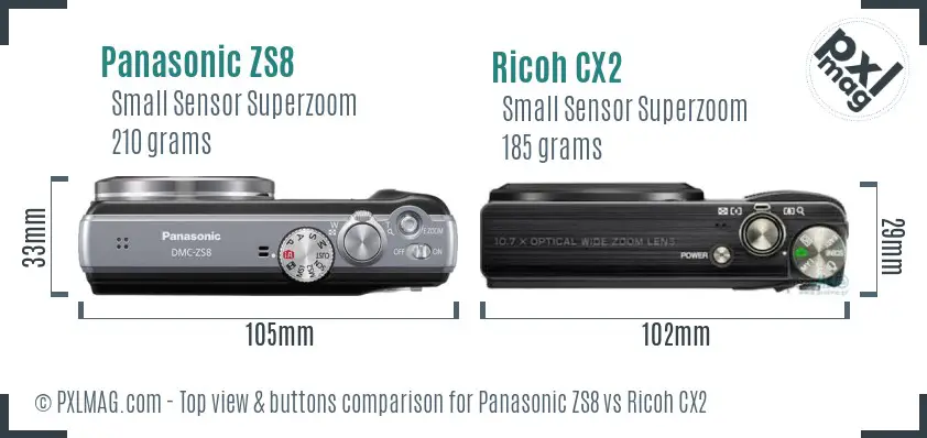Panasonic ZS8 vs Ricoh CX2 top view buttons comparison