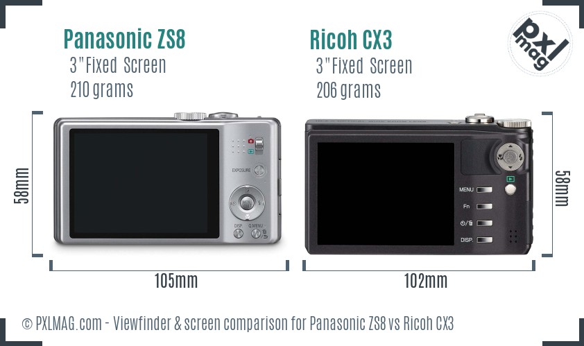 Panasonic ZS8 vs Ricoh CX3 Screen and Viewfinder comparison