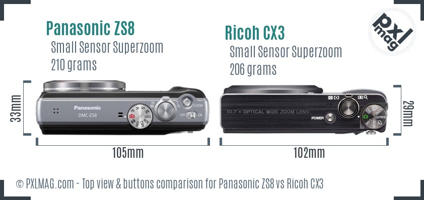 Panasonic ZS8 vs Ricoh CX3 top view buttons comparison
