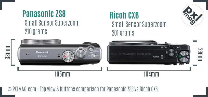 Panasonic ZS8 vs Ricoh CX6 top view buttons comparison Panasonic ZS8 vs Ricoh CX6 top view buttons comparison