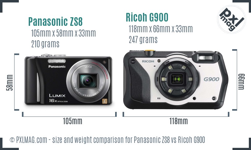 Panasonic ZS8 vs Ricoh G900 size comparison