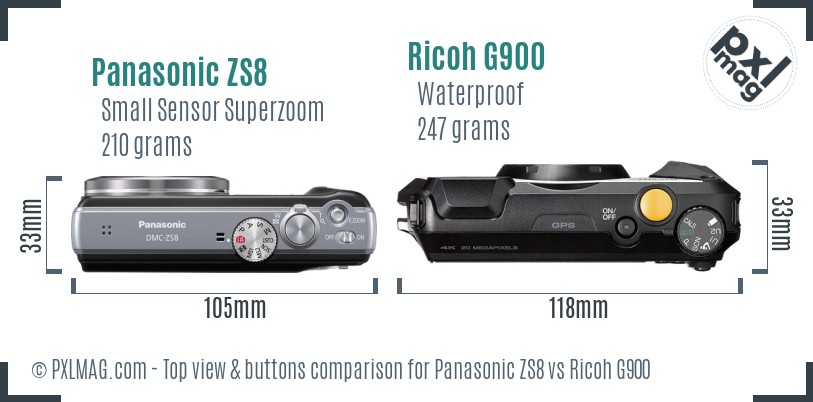 Panasonic ZS8 vs Ricoh G900 top view buttons comparison