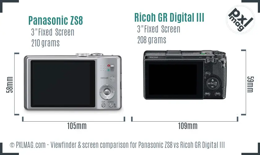 Panasonic ZS8 vs Ricoh GR Digital III Screen and Viewfinder comparison