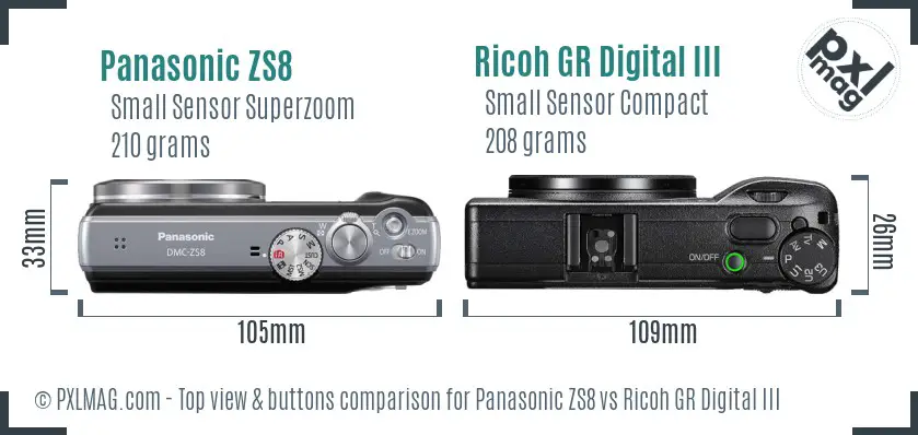 Panasonic ZS8 vs Ricoh GR Digital III top view buttons comparison