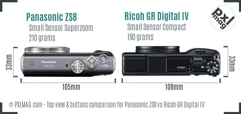 Panasonic ZS8 vs Ricoh GR Digital IV top view buttons comparison Panasonic ZS8 vs Ricoh GR Digital IV top view buttons comparison