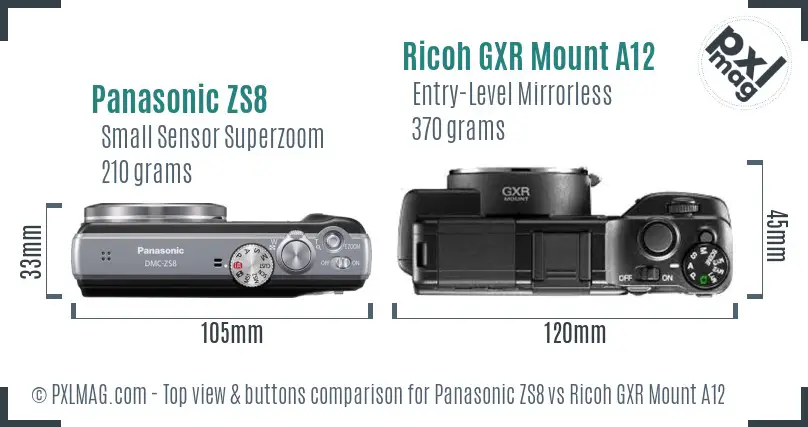 Panasonic ZS8 vs Ricoh GXR Mount A12 top view buttons comparison