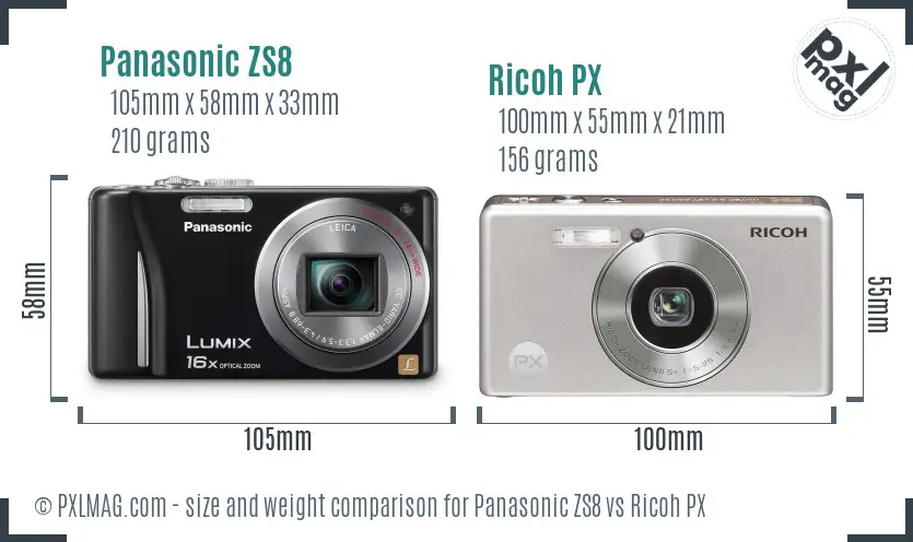 Panasonic ZS8 vs Ricoh PX size comparison
