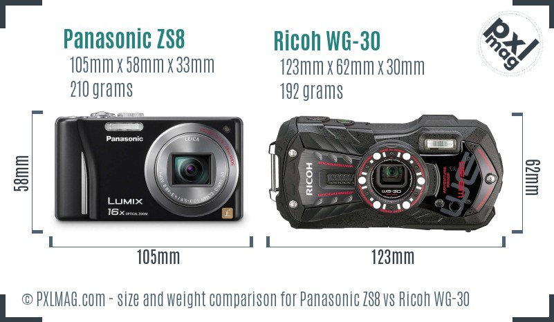 Panasonic ZS8 vs Ricoh WG-30 size comparison
