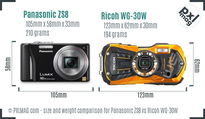 Panasonic ZS8 vs Ricoh WG-30W size comparison
