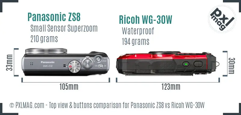 Panasonic ZS8 vs Ricoh WG-30W top view buttons comparison