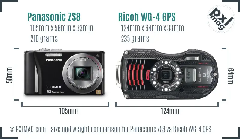 Panasonic ZS8 vs Ricoh WG-4 GPS size comparison Panasonic ZS8 vs Ricoh WG-4 GPS size comparison