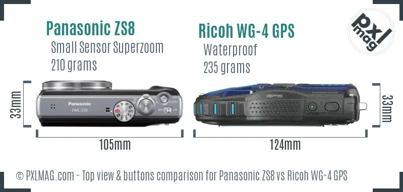 Panasonic ZS8 vs Ricoh WG-4 GPS top view buttons comparison Panasonic ZS8 vs Ricoh WG-4 GPS top view buttons comparison