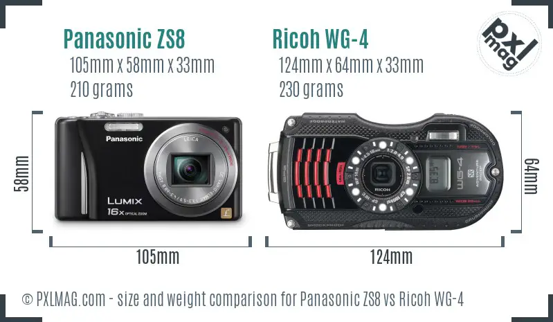 Panasonic ZS8 vs Ricoh WG-4 size comparison