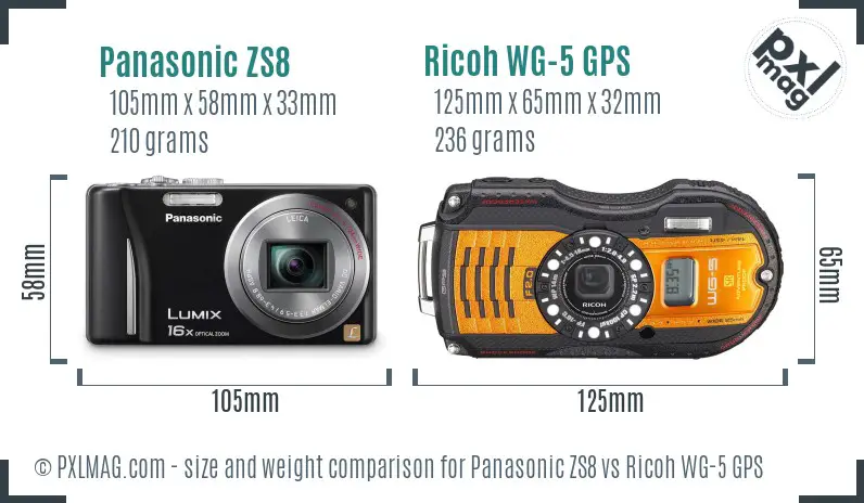 Panasonic ZS8 vs Ricoh WG-5 GPS size comparison