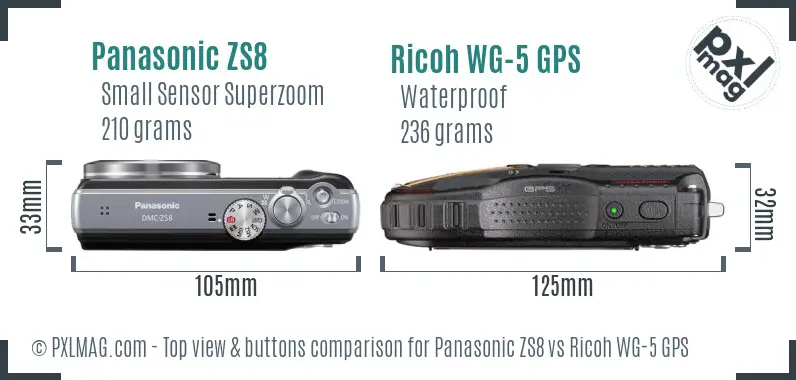 Panasonic ZS8 vs Ricoh WG-5 GPS top view buttons comparison