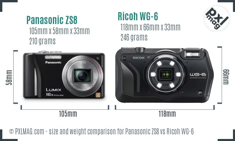 Panasonic ZS8 vs Ricoh WG-6 size comparison