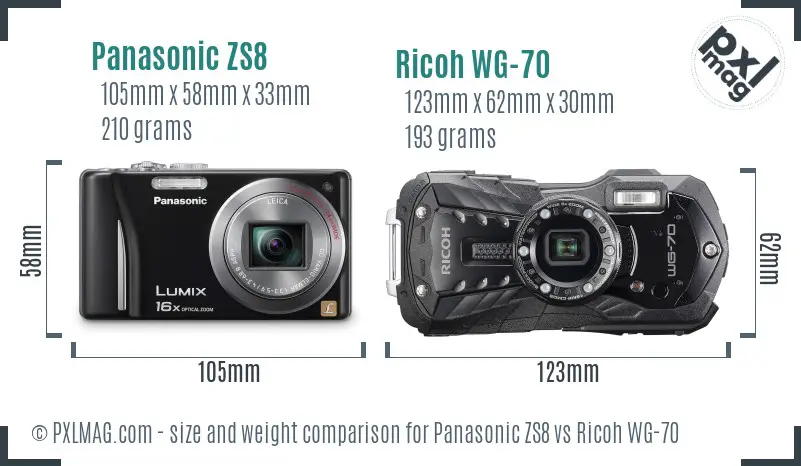 Panasonic ZS8 vs Ricoh WG-70 size comparison